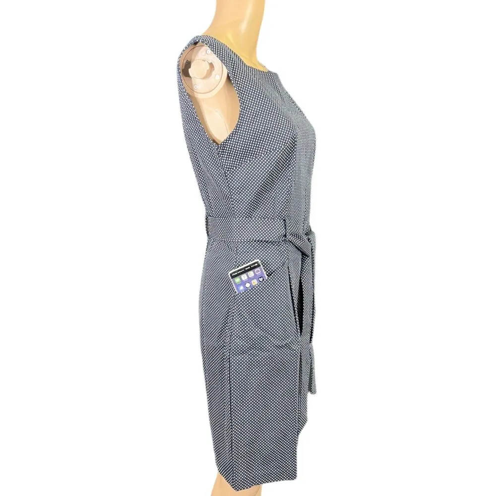 Tommy Hilfiger Womens Sheath Dress Polka Dot Sleeveless Tie Belted Navy Blue - Image 5