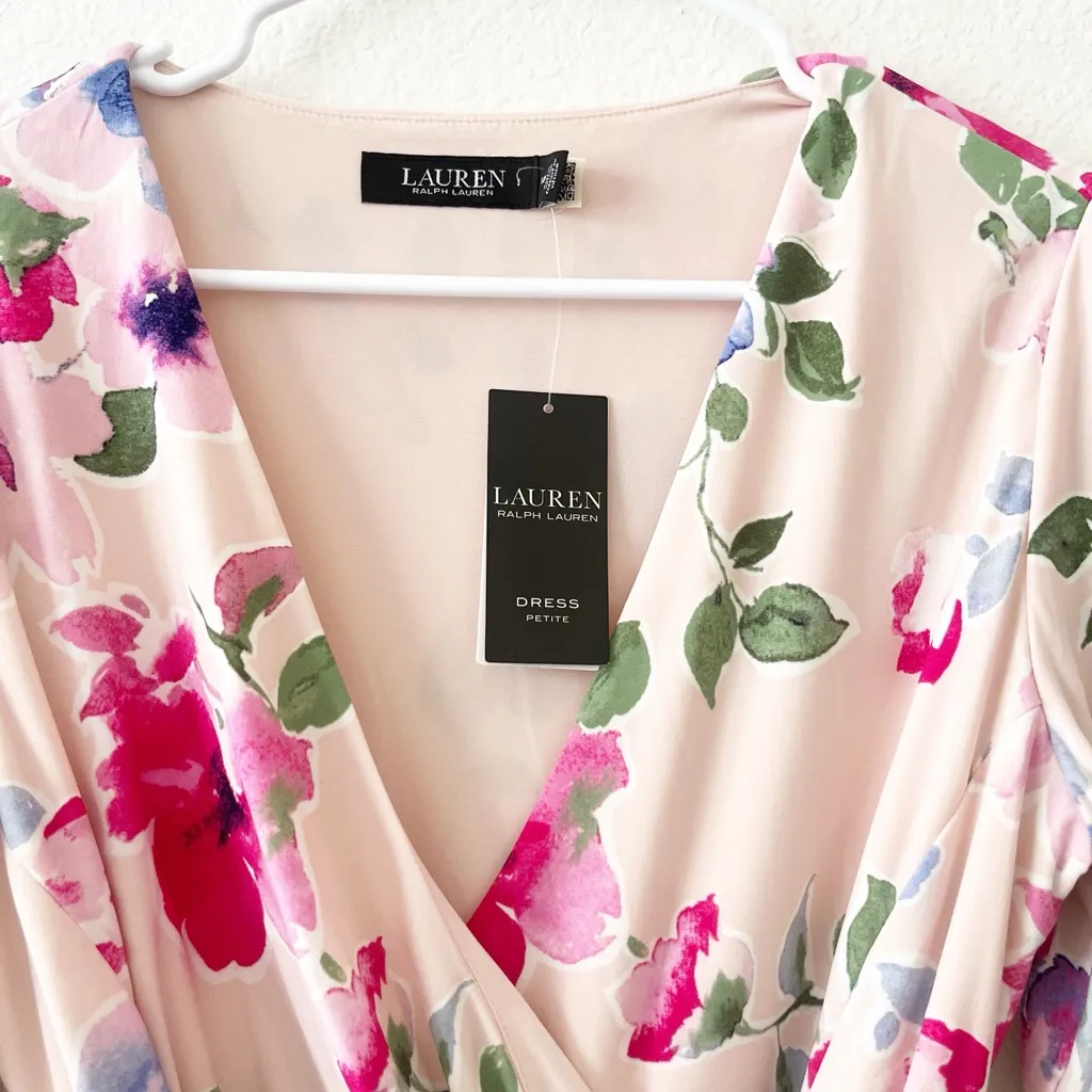 NWT Lauren Ralph Lauren Pink Floral Surplice Jersey Midi Dress‎ Size  14P - Image 4