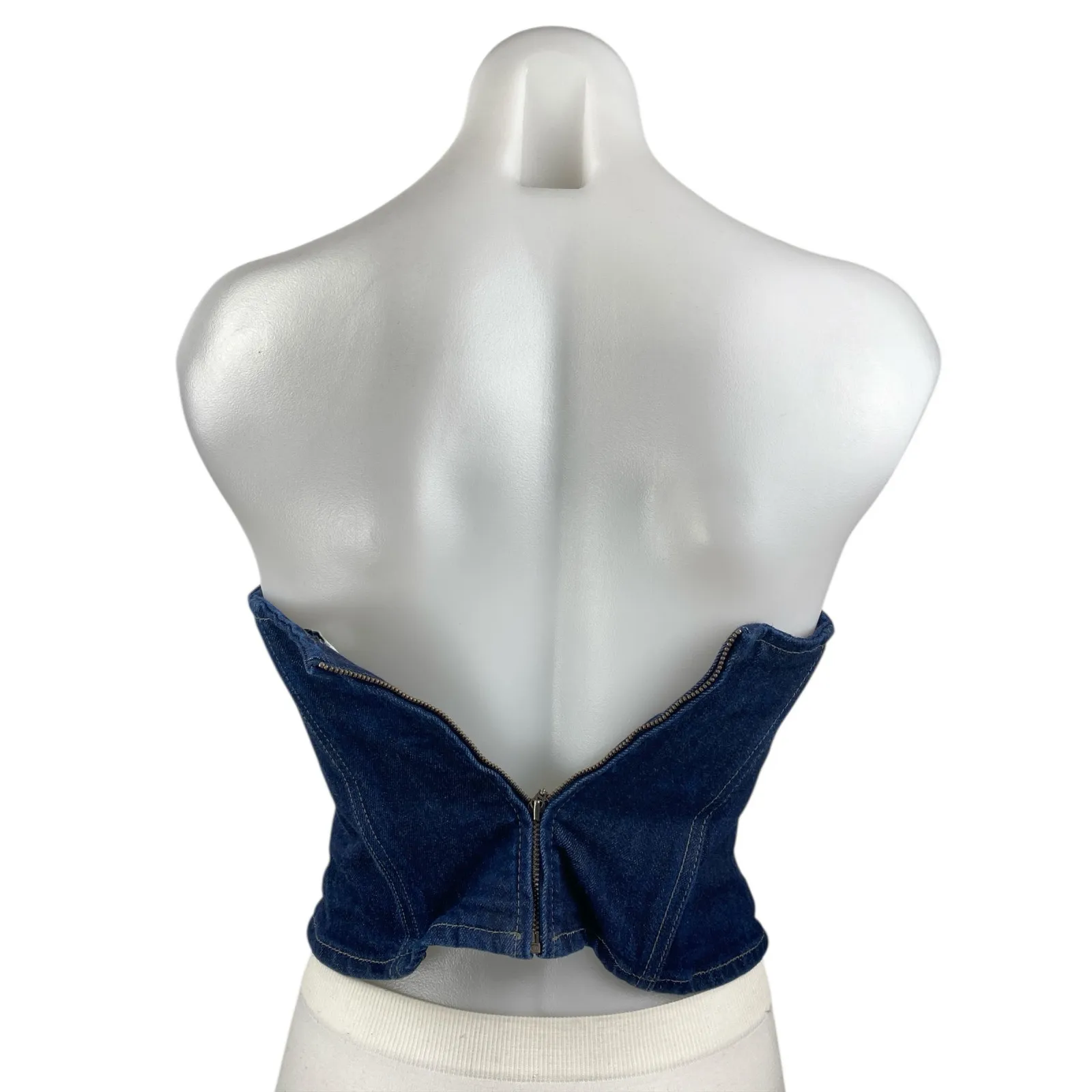 Zara Women's Blue Strapless Sleeveless V Neck Zip Denim Jean Crop Top Size XS - Image 2