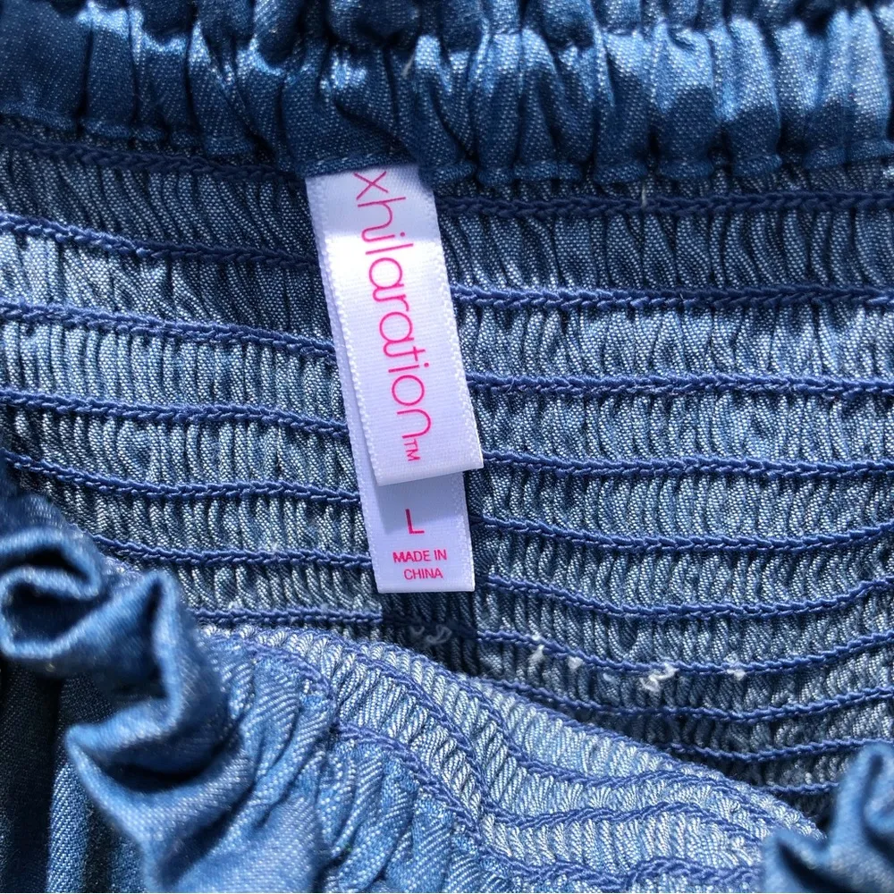 EMBROIDED DENIM OFF THE SHOULDER FLAP OVER DENIM LOOKING DRESS WITH POCKETS L - Image 3