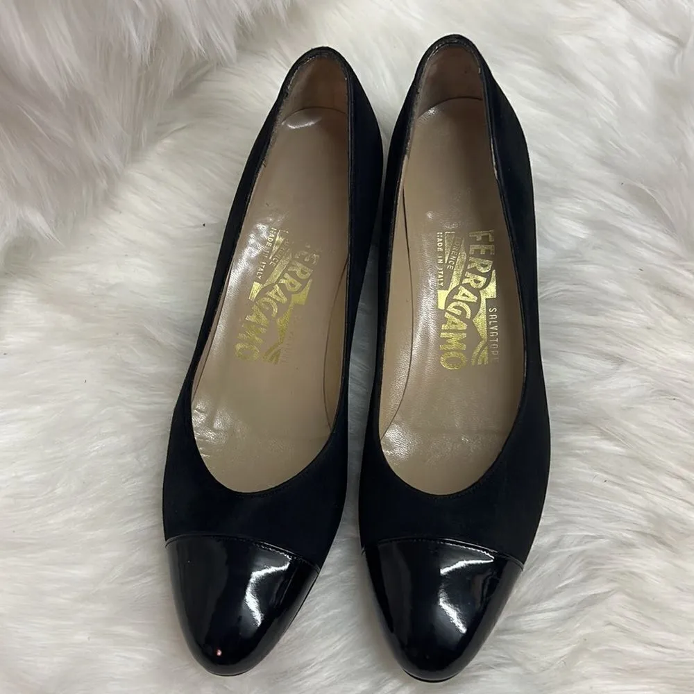 Salvatore‎ Ferragamo Black Leather Patent Cap Toe Low Wedge Size 6.5aa B-24 - Image 3