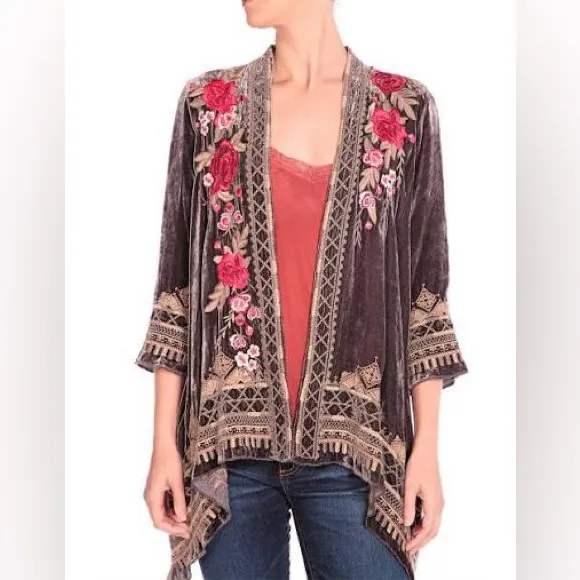 Johnny Was Meri Velvet Silk Blend Floral Embroidered Open Front Topper Small - Image 2