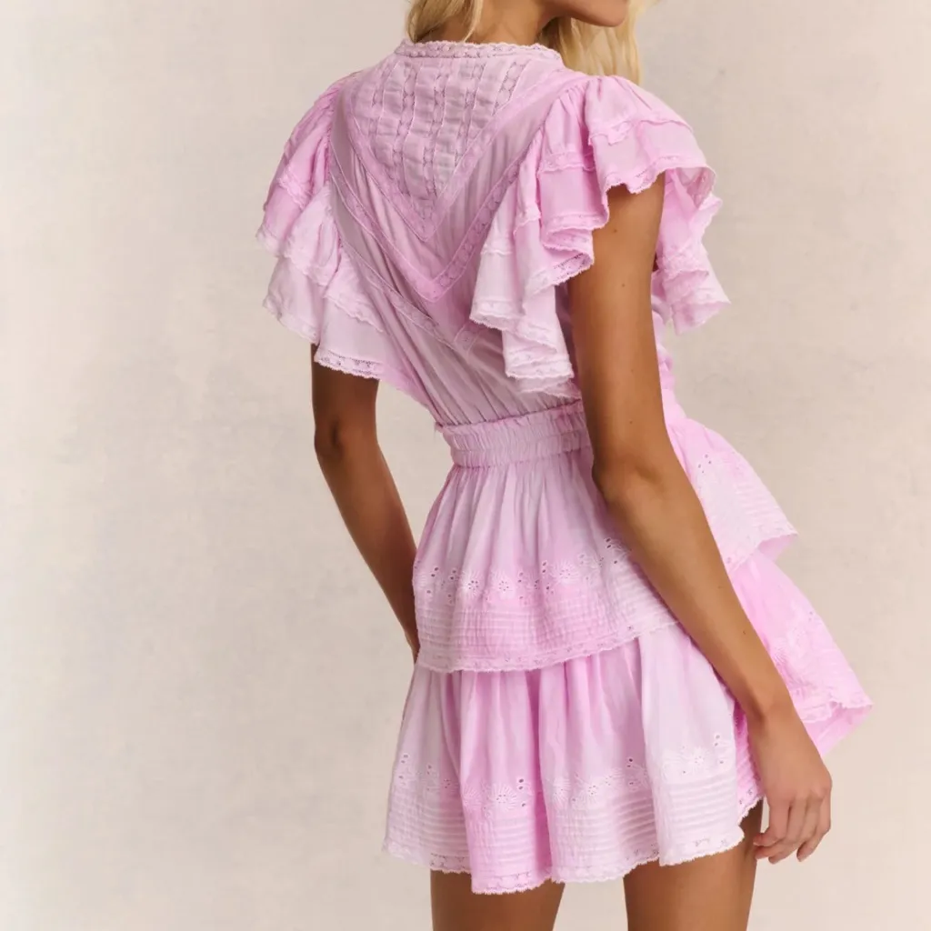 LoveShackFancy Gwen Ruffle Mini Dress in peony pink tie-dye cotton with lace - Image 2
