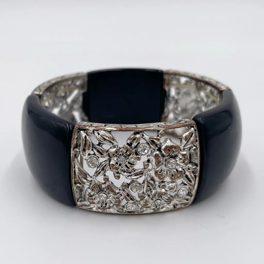 Vintage Black Enamel Silver Rhinestone Floral Cuff Bracelet Stretch Statement - Image 2