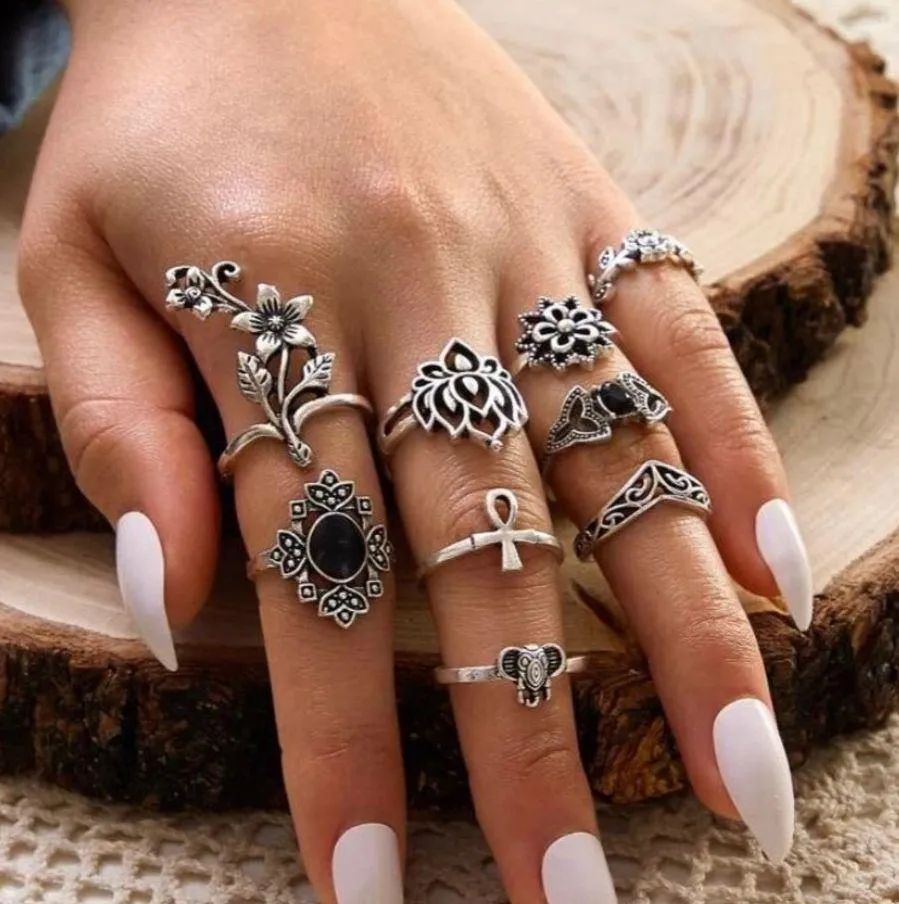 Silver 9pc Flower & Leaf Ring Set - Image 3