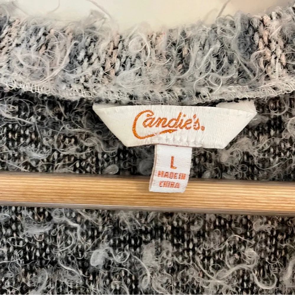 Candie's long cardigan fuzzy duster sweater womens large gray black white - Image 4
