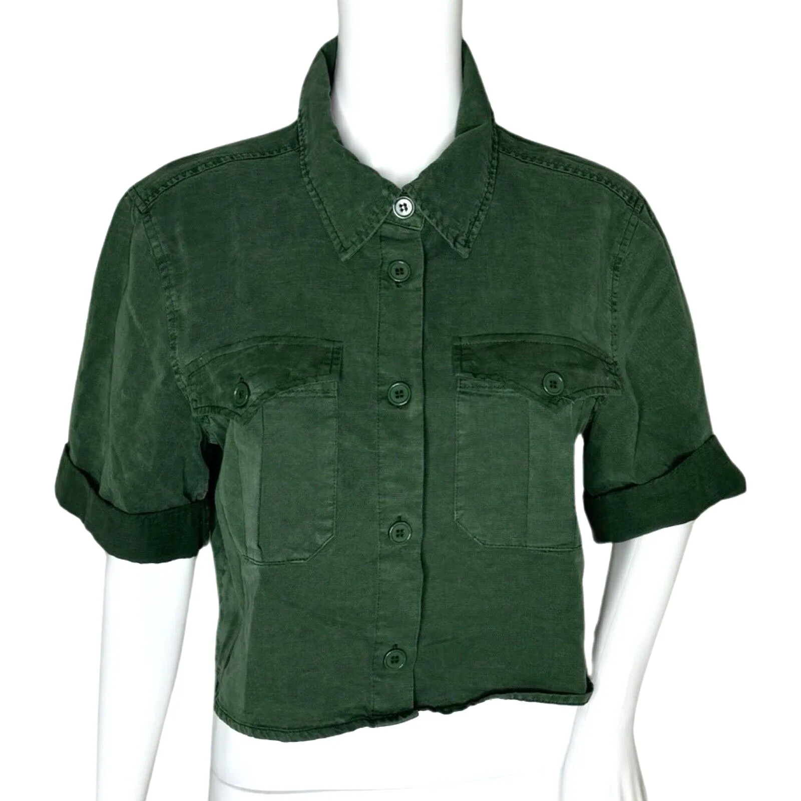 Avec Les Filles Shirt Womens Medium Green Cropped Blouse Everyday Basic Casual - Image 1