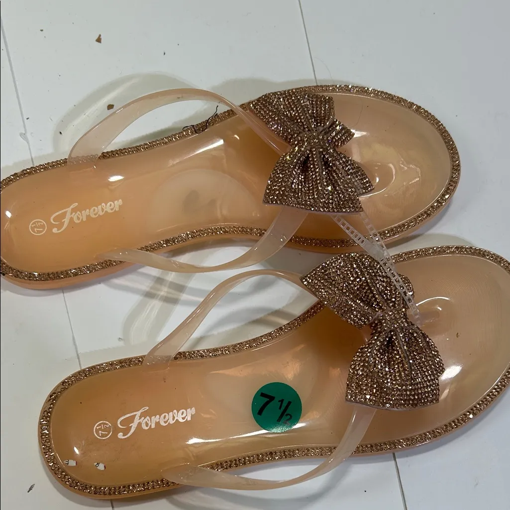 Forever  Glitter Bow Sandals in Tan - Image 2