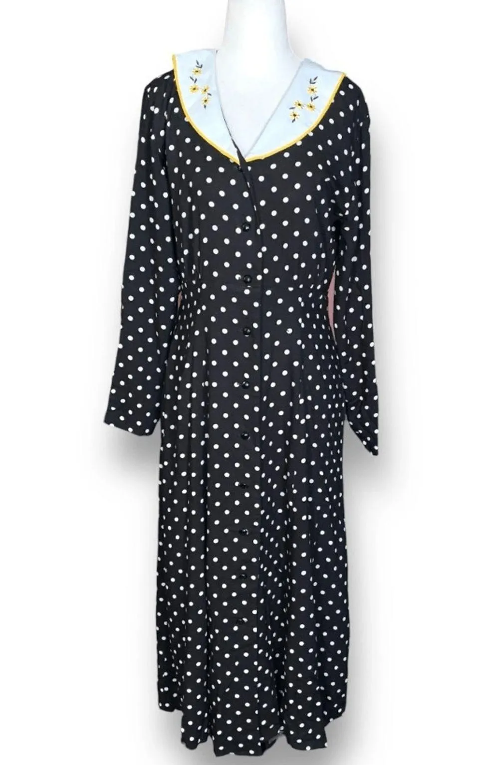Vintage 90s Karlie & Company Polka Dot Midi Dress Embroidered Floral Collar Black Size 8 - Image 2