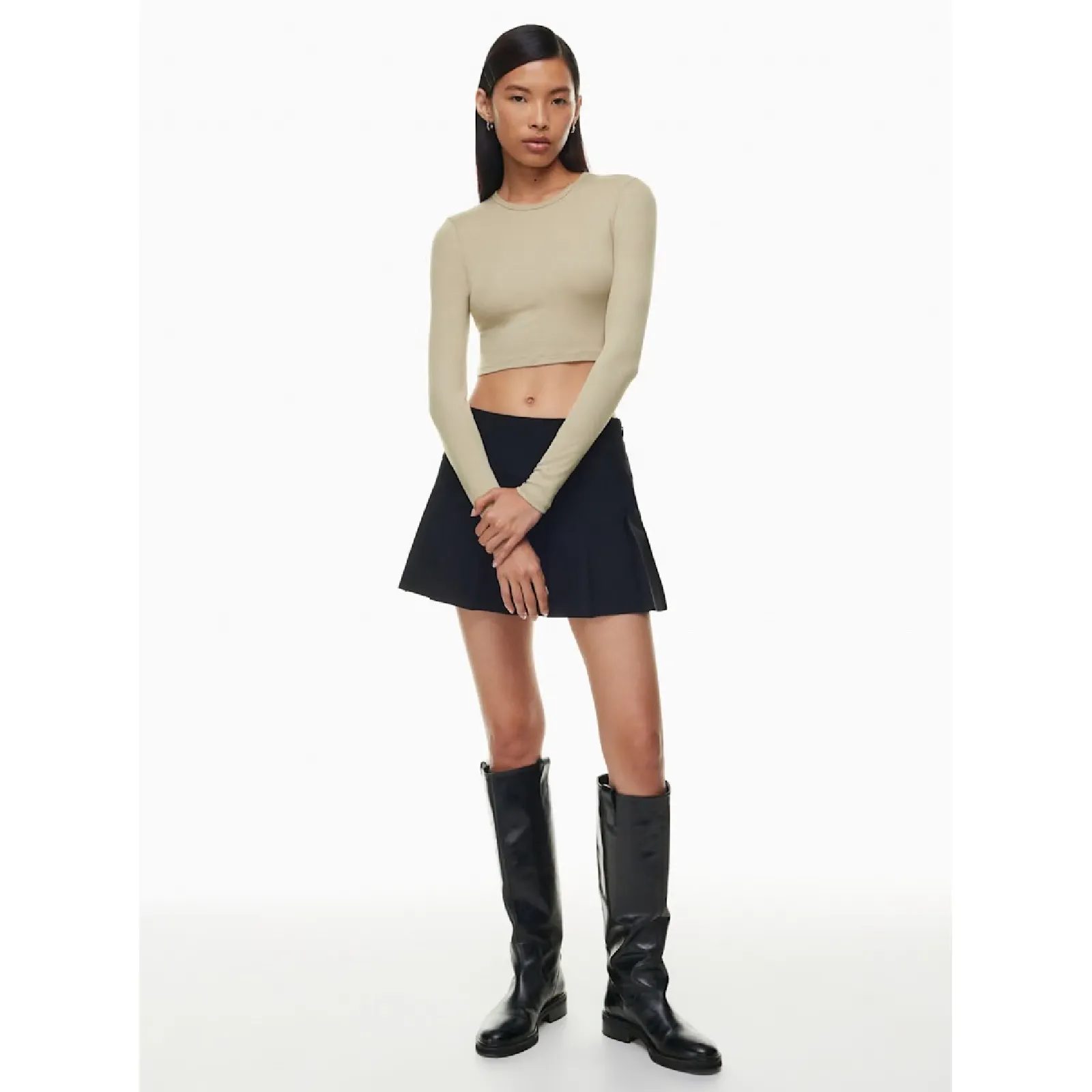 Aritzia Sunday Best Long Sleeve Ribbed Cropped Top Beige Crewneck Size Large Tan - Image 4