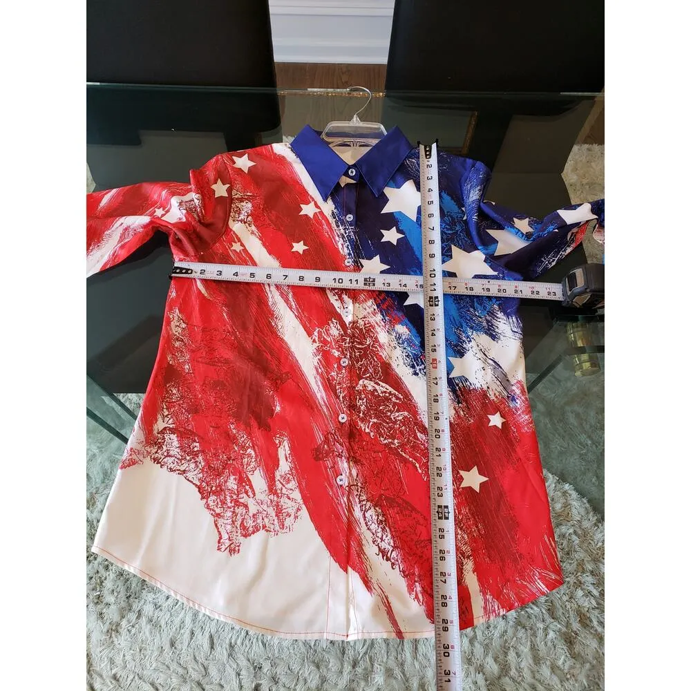 Women's Button Down Shirt XL Red & White Polyester Long Sleeve Stretch Collared - Image 7