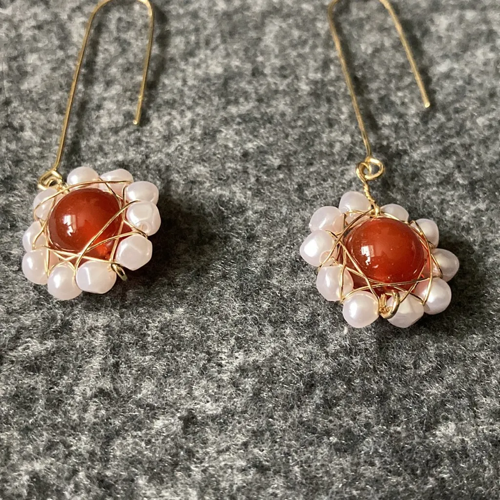 Gold Hook Earrings with Pearl & Carnelian Beads –‎ Handmade Dangle Style - Image 6