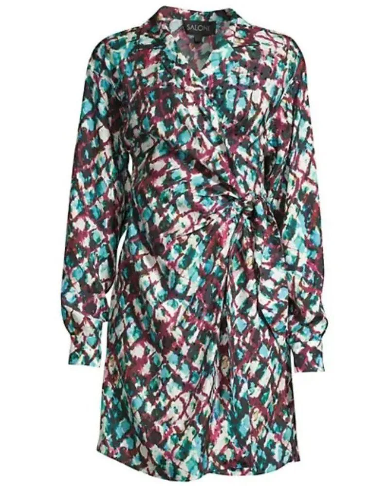 💕SALONI💕 Mari Wrap Dress ~ Amrita Watercolor US 2 Mini 100% Silk Charmeuse - Image 11