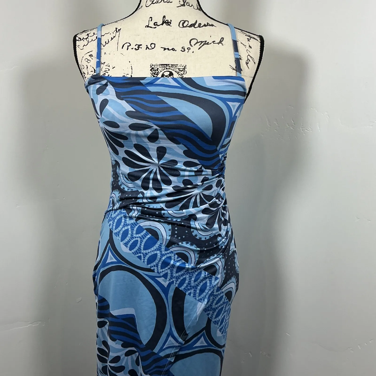 Urban Outfitters XS Bodycon Midi Dress Blue‎ Abstract Print Sleeveless - Image 2