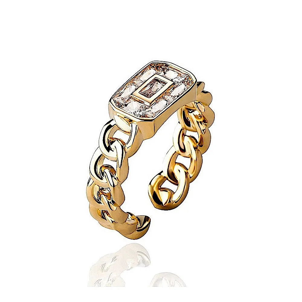 Unisex 14k Gold Filled Rectangle Diamond‎ Simulant Link Ring, Adjustable Open - Image 11