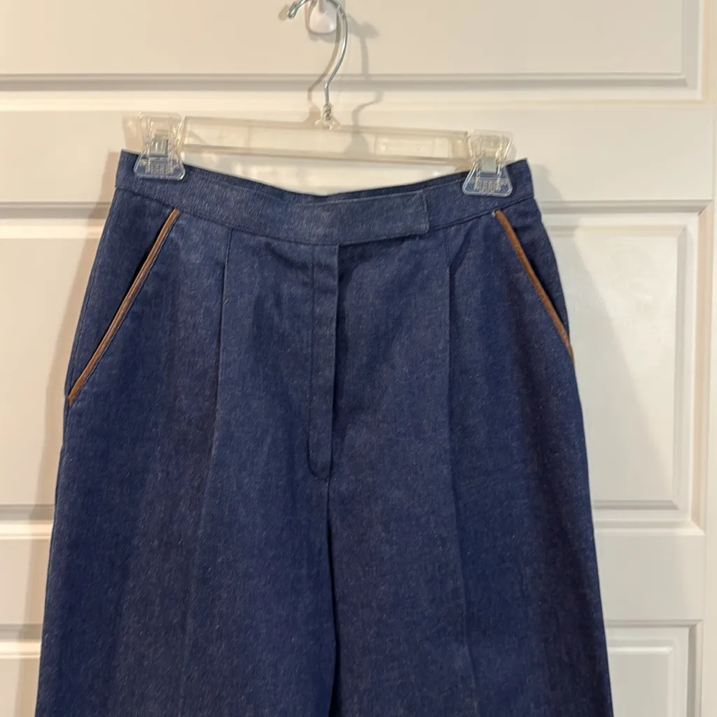 Vintage John Meyer wide leg trousers with faux leather pocket trim 10 Blue - Image 2