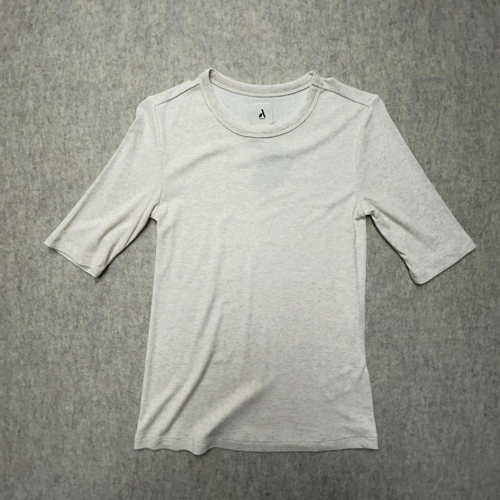 NWT Amazon Women's Basic Cream Shirt Modal Blend Rib Knit Elbow Sleeve Top Small - Image 5