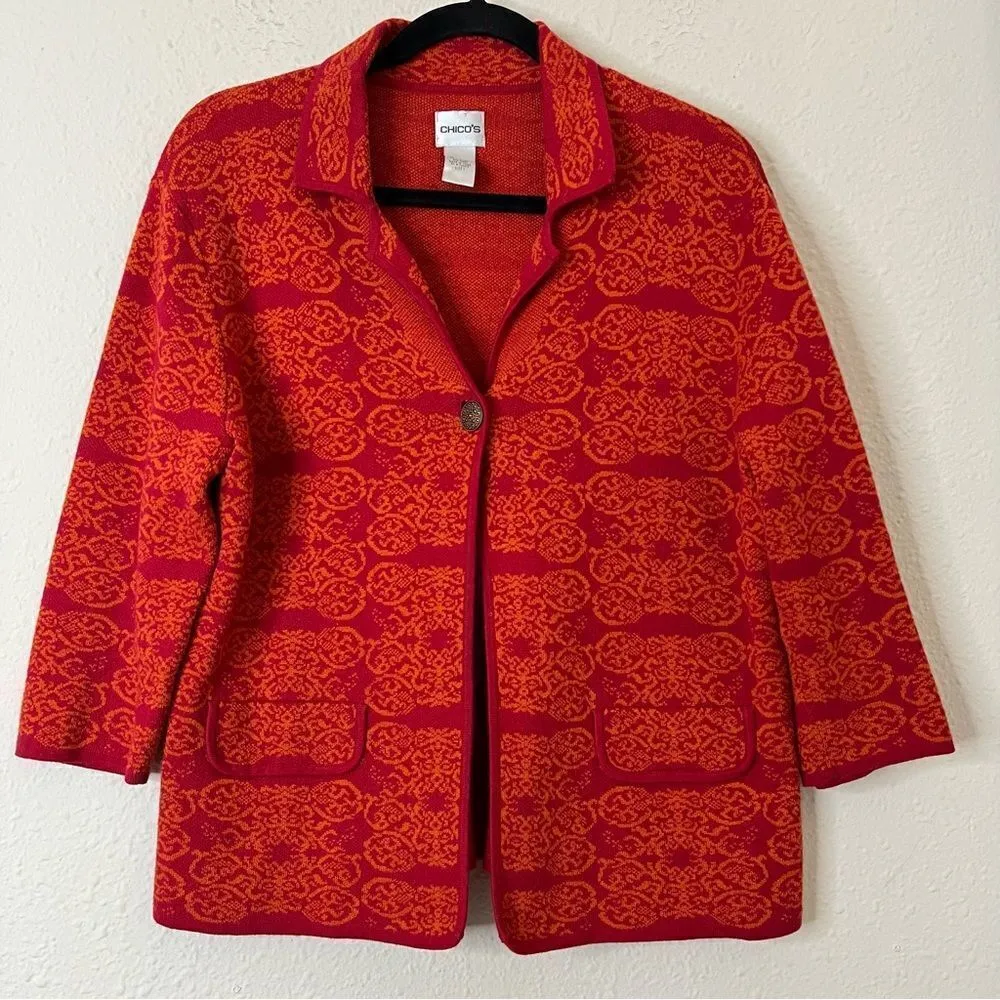 Chico's Wool Blend Knit Blazer Printed Cardigan Size 1 - Image 2