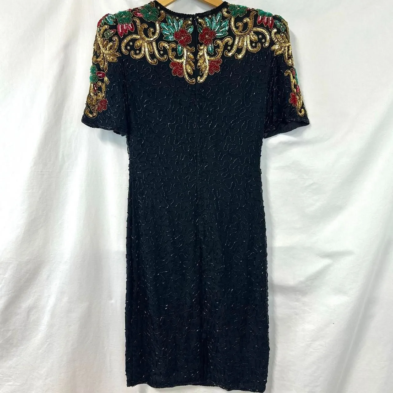 SCALA Vintage 100% Silk Floral Beaded Dress Black Womens PS Costume Dolly Parton - Image 4