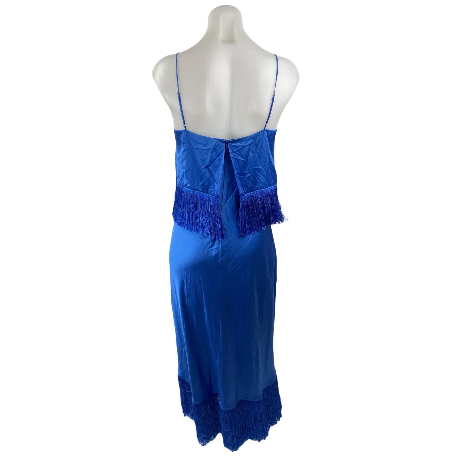 Cinq a Sept Blue Silk Satin Fringe Sleeveless Slit Cami Blouson Midi Dress Sz M - Image 4