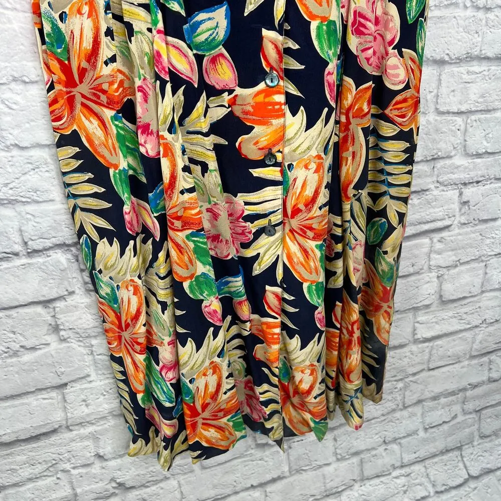 La Chine Plus Silk Shirt Dress Blue Tropical Floral Size 12W Short Sleeve Button - Image 4