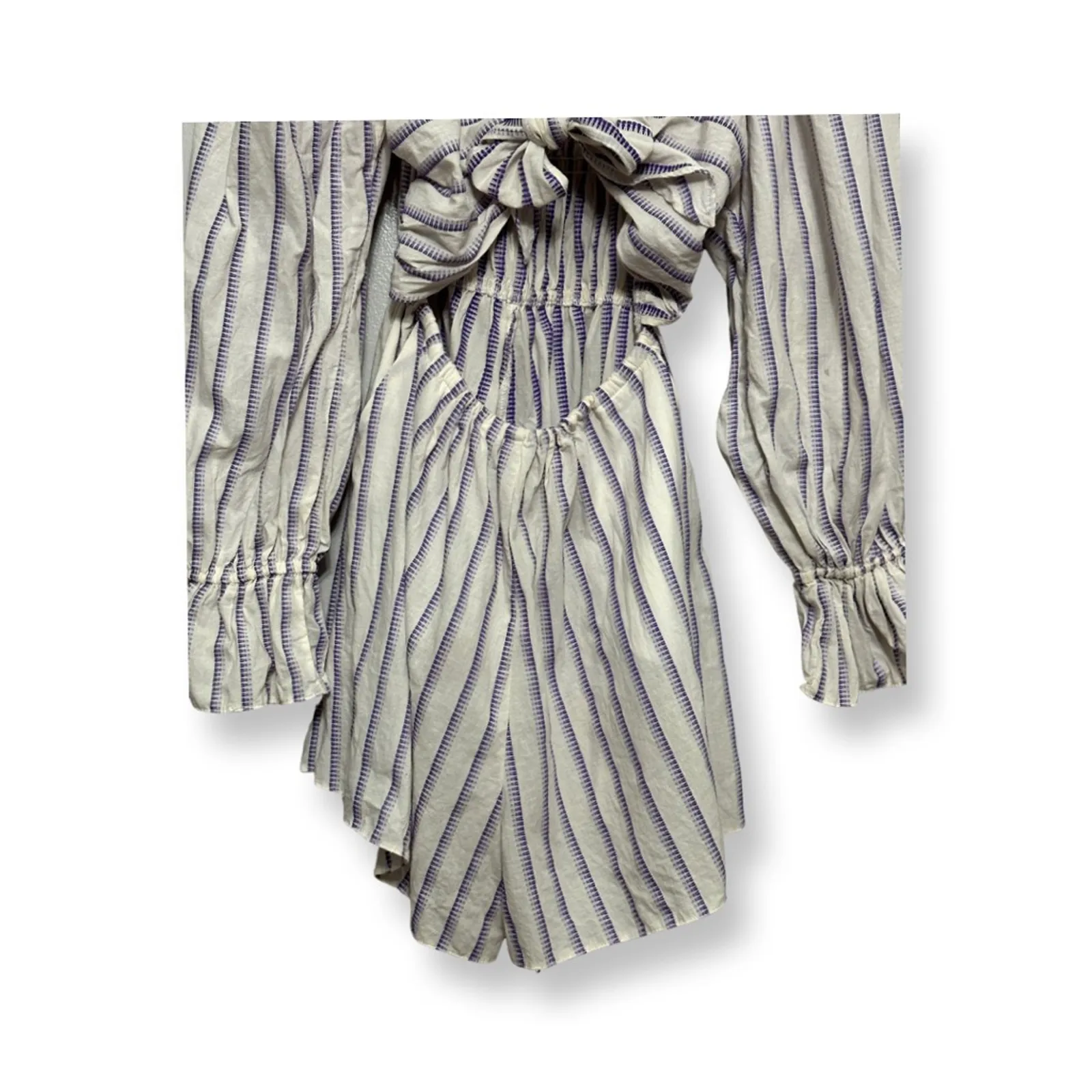 Topshop Playsuit Romper Long Sleeve Cutout Tie Wrap Striped Purple Women's NWOT - Image 3