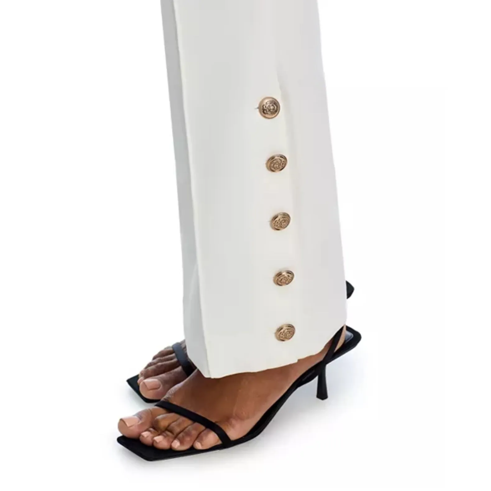 AQUA White Flare Leg Dress Pants Gold‎ Button Accents Career Size M - Image 6