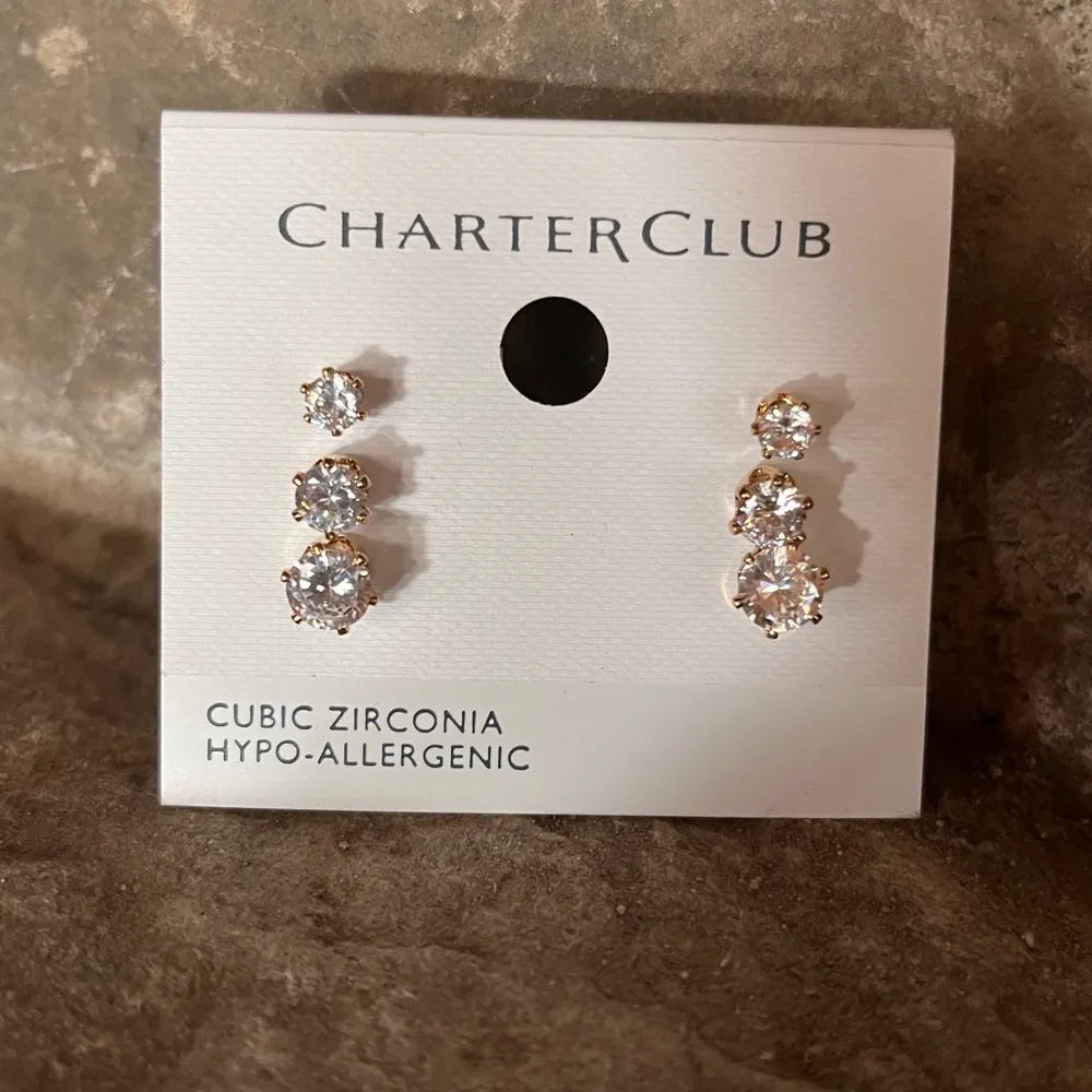Charter Club Set Of 3 Gold Tone/Cubic Zirconia Stud Earrings - Image 7