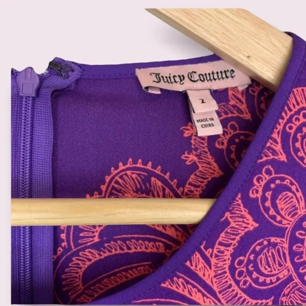 Juicy Couture Shift Dress 3/4 Sleeve Purple Satin Pink Paisley Design Size 2 - Image 11