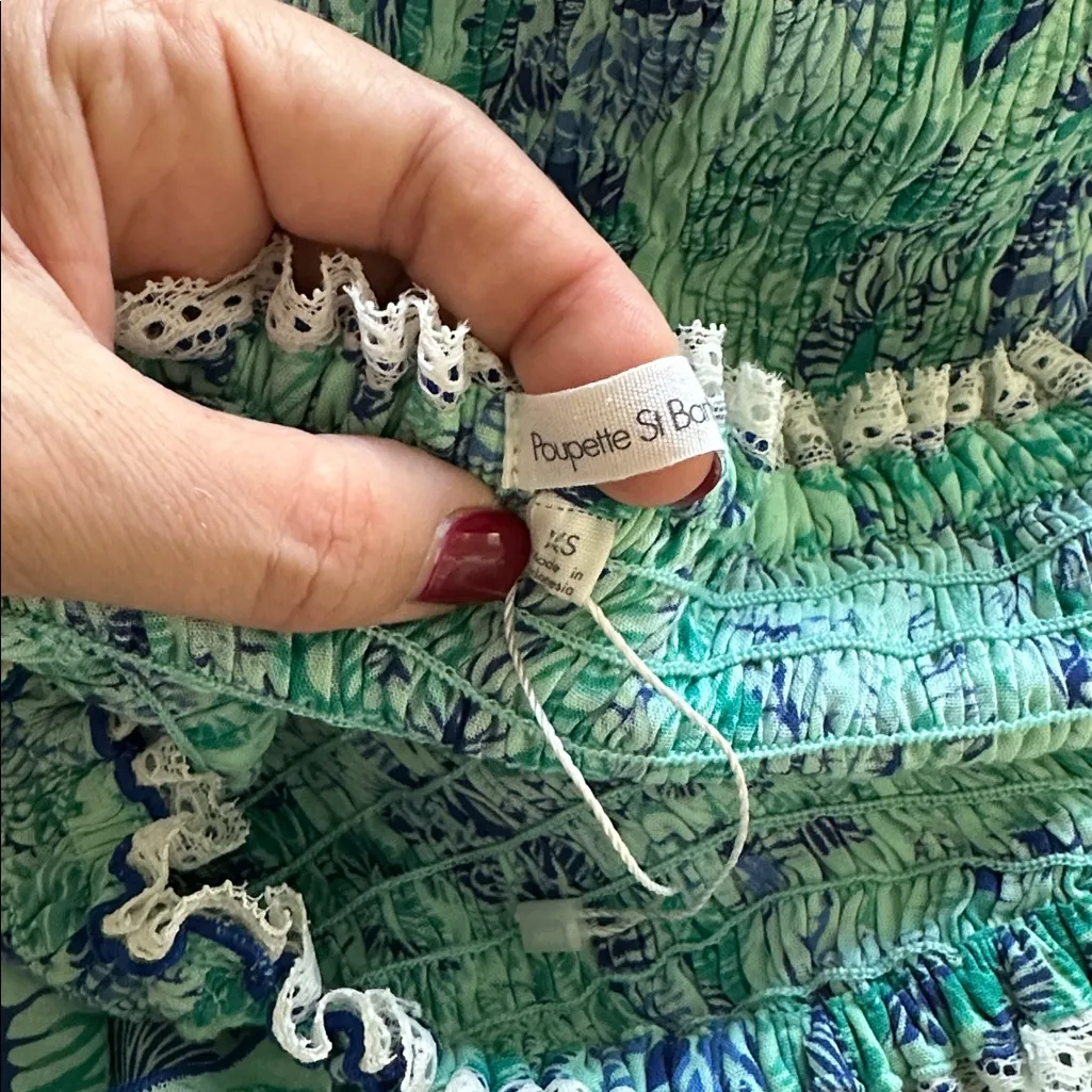 Poupette St. Barth Floral Blue/Green Maxi Dress Cover Up Pom Poms Sz XS - Image 7