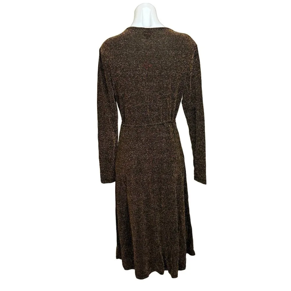 Who What Wear Metallic Glitter V-Neck Gold Wrap Tie Midi Long Sleeve Dress Sz M - Image 2