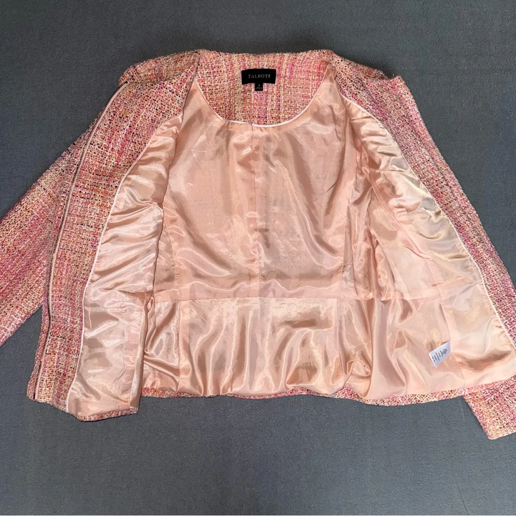 Talbots Peach Pink Multicolor Tweed Peplum Zip up Business‎ Jacket Blazer size 6 - Image 6