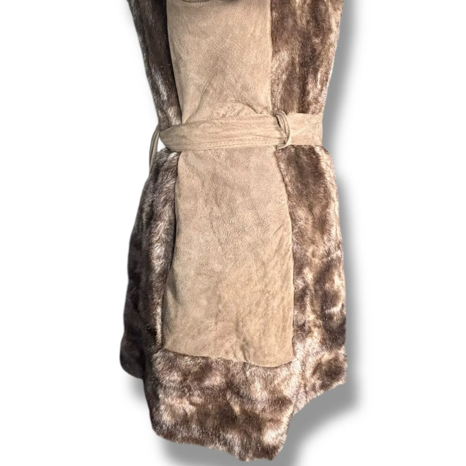 Vintage 70s Tocci England Faux Fur Suede Belted Coat Burgundy Lined Elegant Boho Brown Size M - Image 7