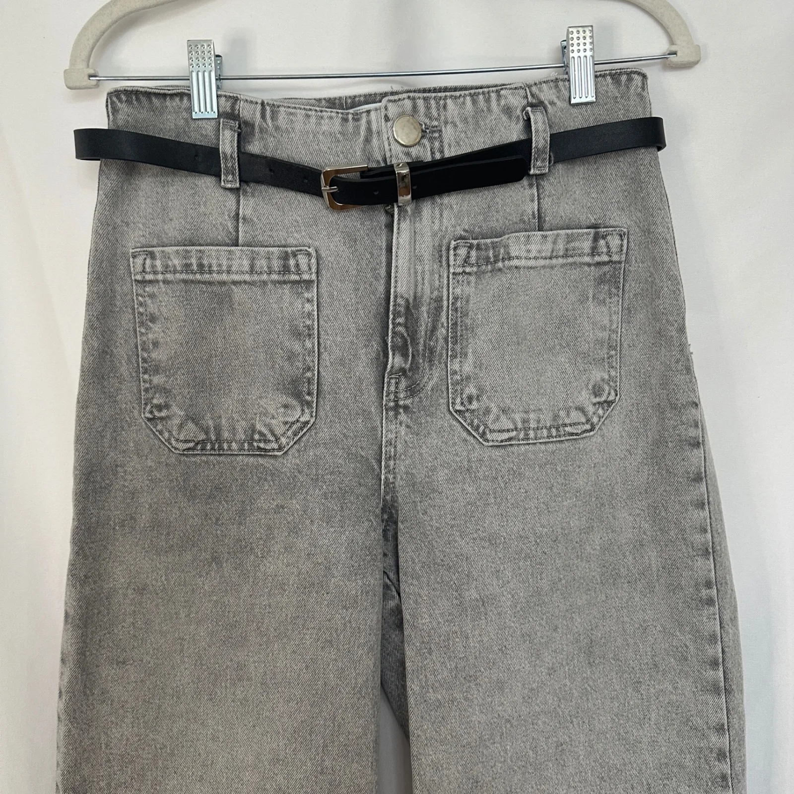 Zara Wide Leg Cropped Jeans Gray Wash High Waist‎ Pockets Belted Womens Size 6 - Image 3