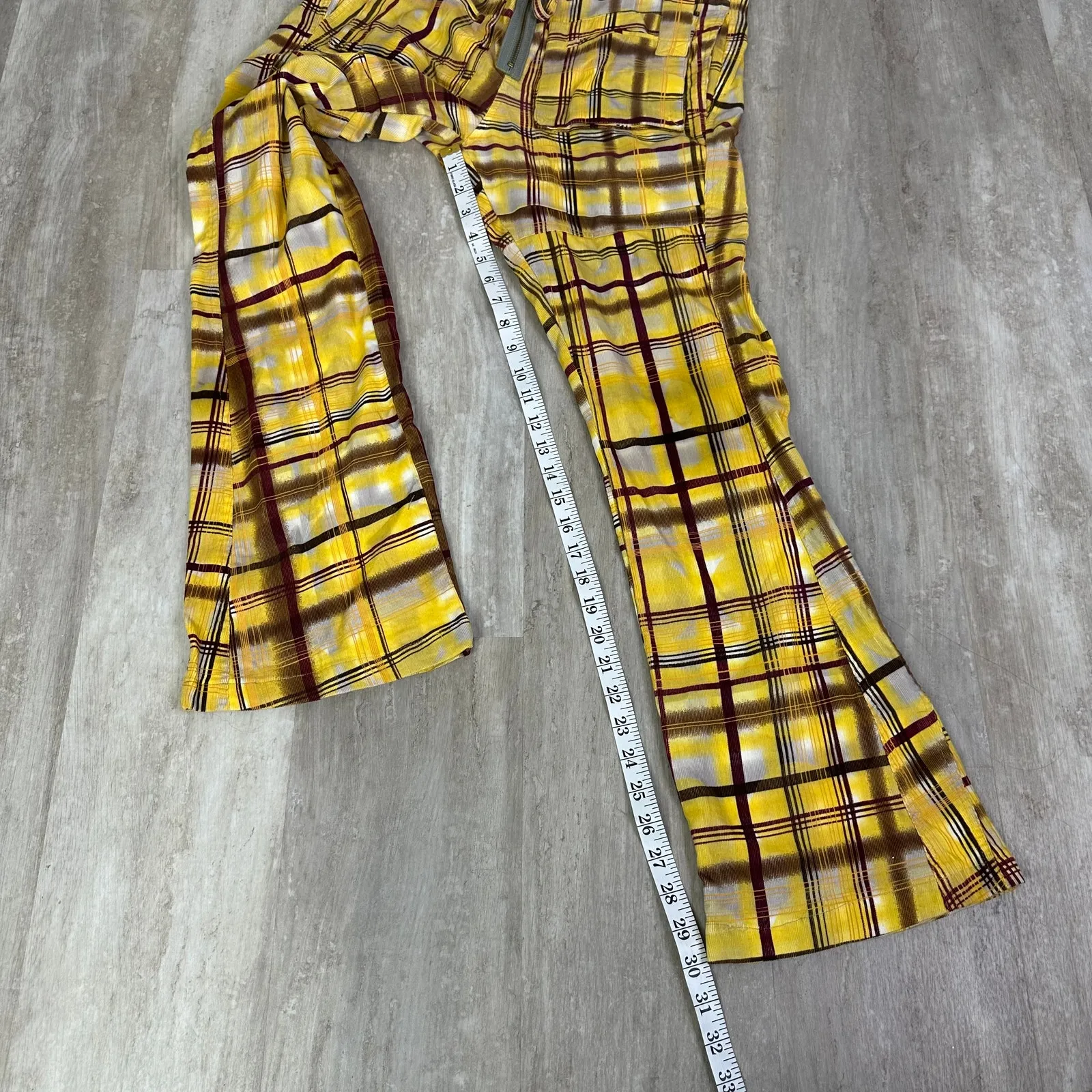 Farm Rio Yellow Plaid Low Rise Flare Pants Y2K Women’s US Small - Image 3