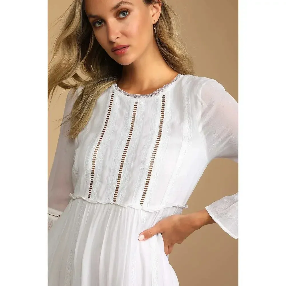 Lulus Women's Small White Crochet Lace Babydoll Long Sleeve Short‎ Party Dress - Image 4