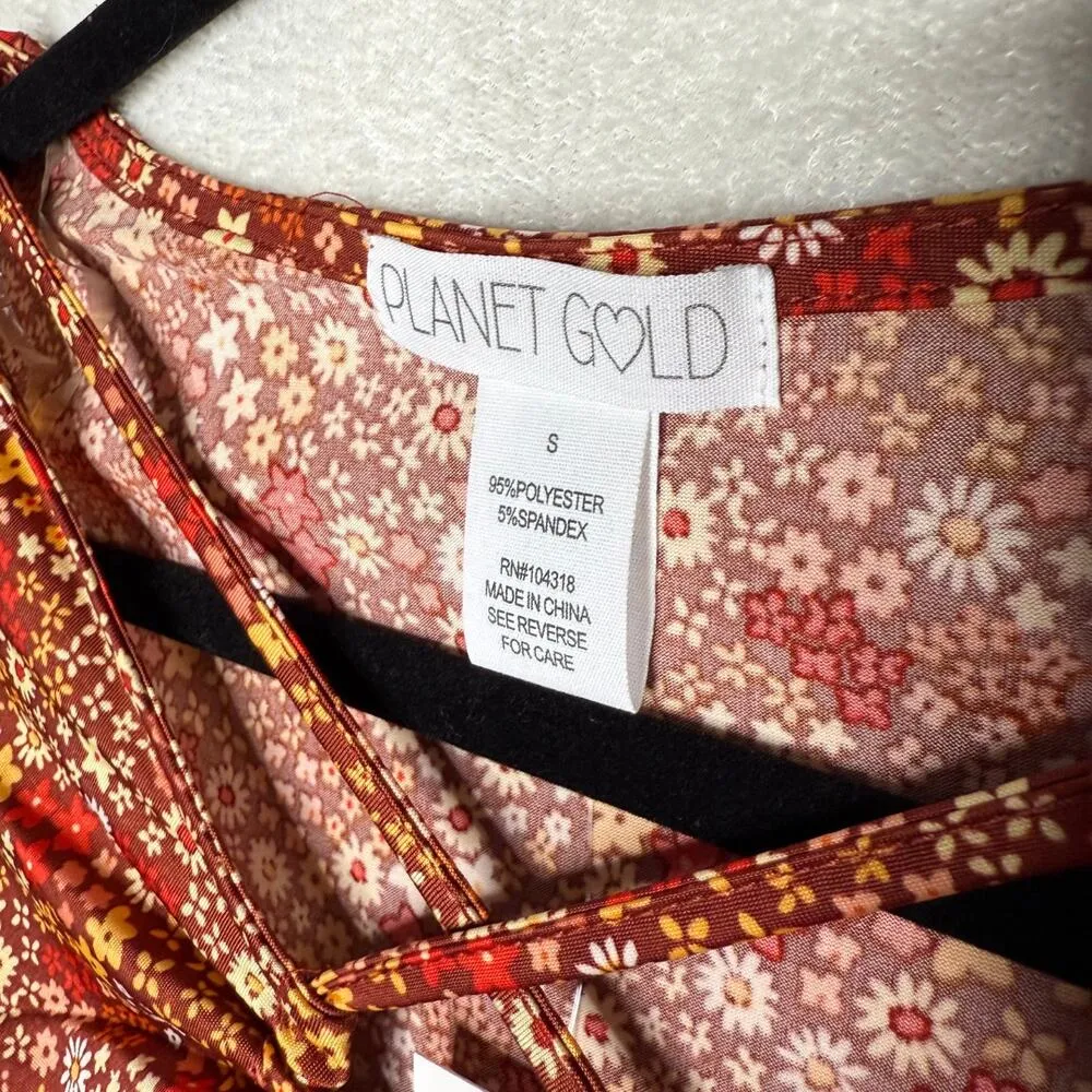 Floral Long Sleeve Criss Cross Crop Top Burnt Henna Small Bohemian - Image 2