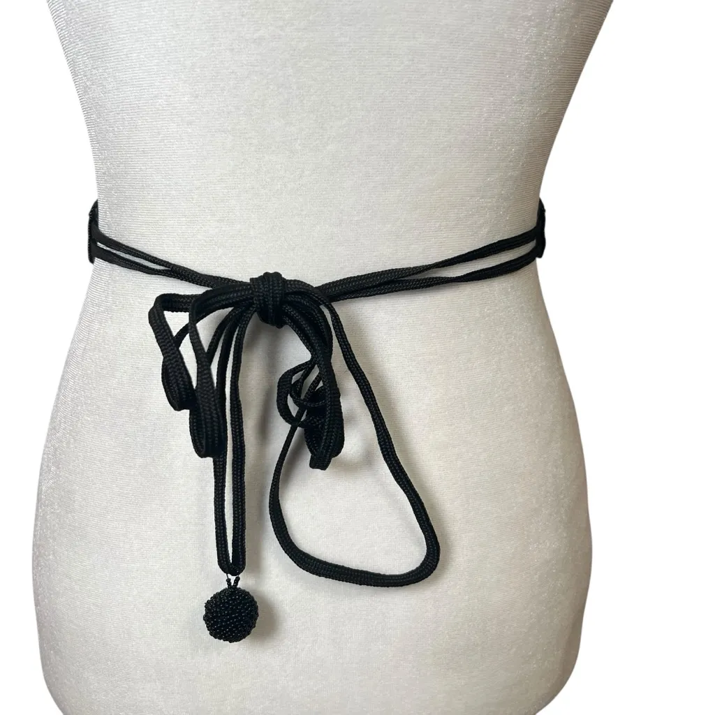 VTG 90s Hand Beaded Tie Belt Art Deco Boho Waist Sash Black Gold Destinee Glam - Image 3