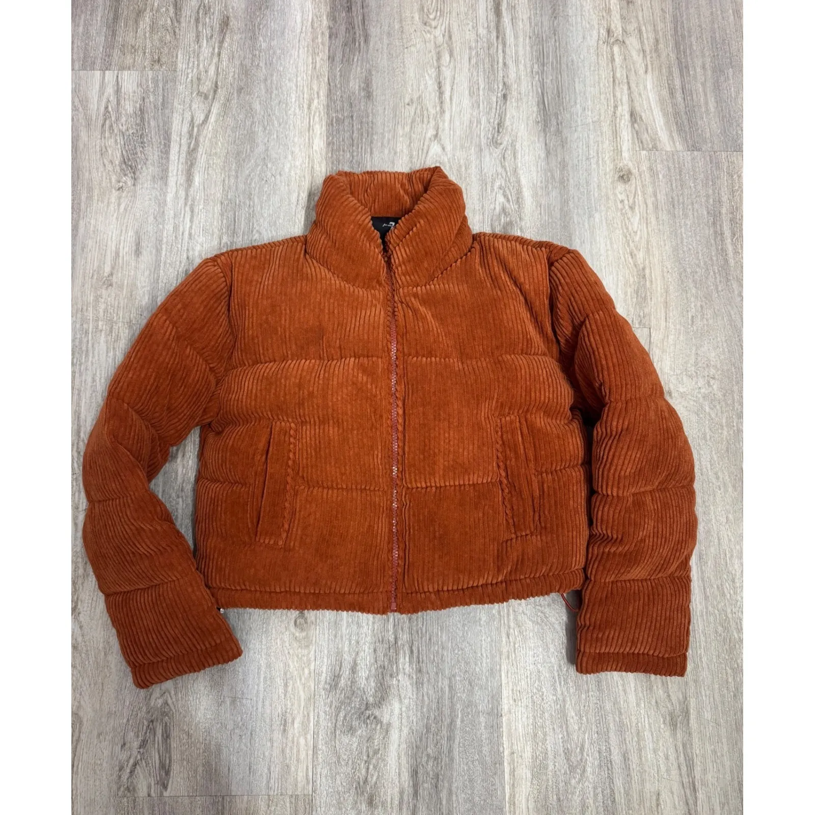 7 For All Mankind Corduroy Puffer Jacket Rust Orange Cropped High Neck XS - Image 2
