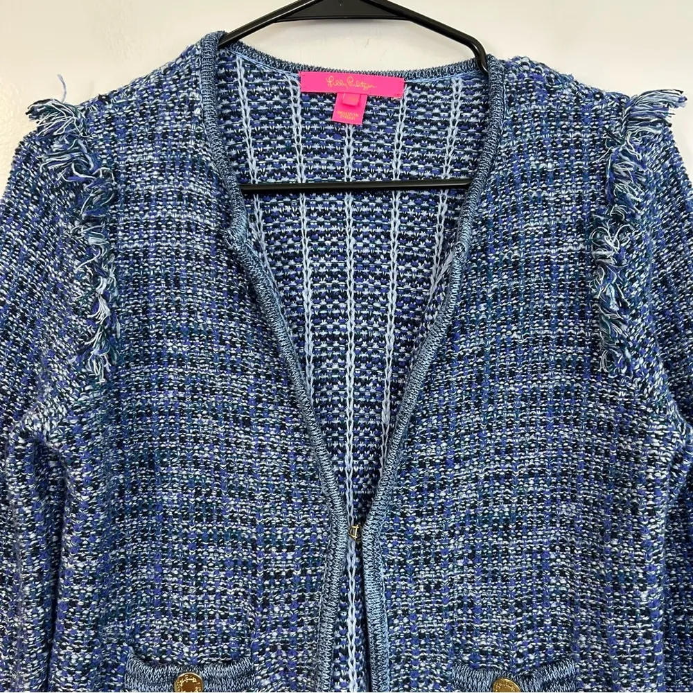 Lilly Pulitzer Simona Blue Oyster Day Navy Exotic Tweed Cardigan/Jacket XXS - Image 3