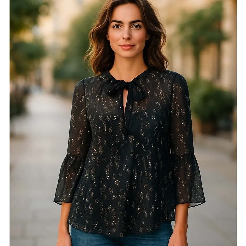 Lily Pulitzer Womens Size XS Black Sheer Gold Inlay Long Sleeve Blouse Top - Image 11