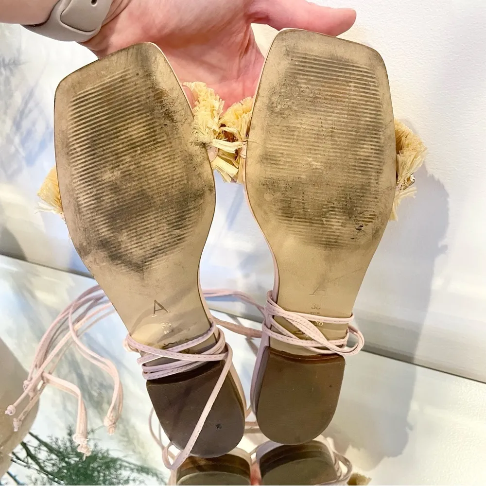 Anthropologie Embellished Tie Up Pink/Rose Raffia Square Toe Sandals Sz 38 - Image 5