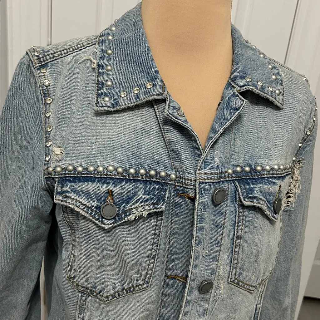 BlankNYC Pearl/Rhinestone Studded Distressed Jean Jacket - Image 4