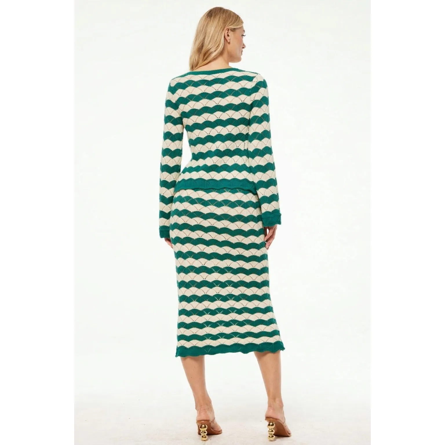 MISA LOS ANGELES Womens Green Cream Chevron Knit Cardigan Sweater Size XL - Image 3