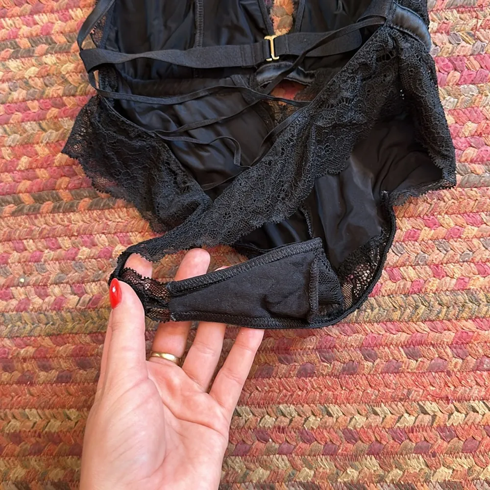 BLACK SEXY LACE CRISSCROSS THONG BODYSUIT ONE PIECE Size XS - Image 5