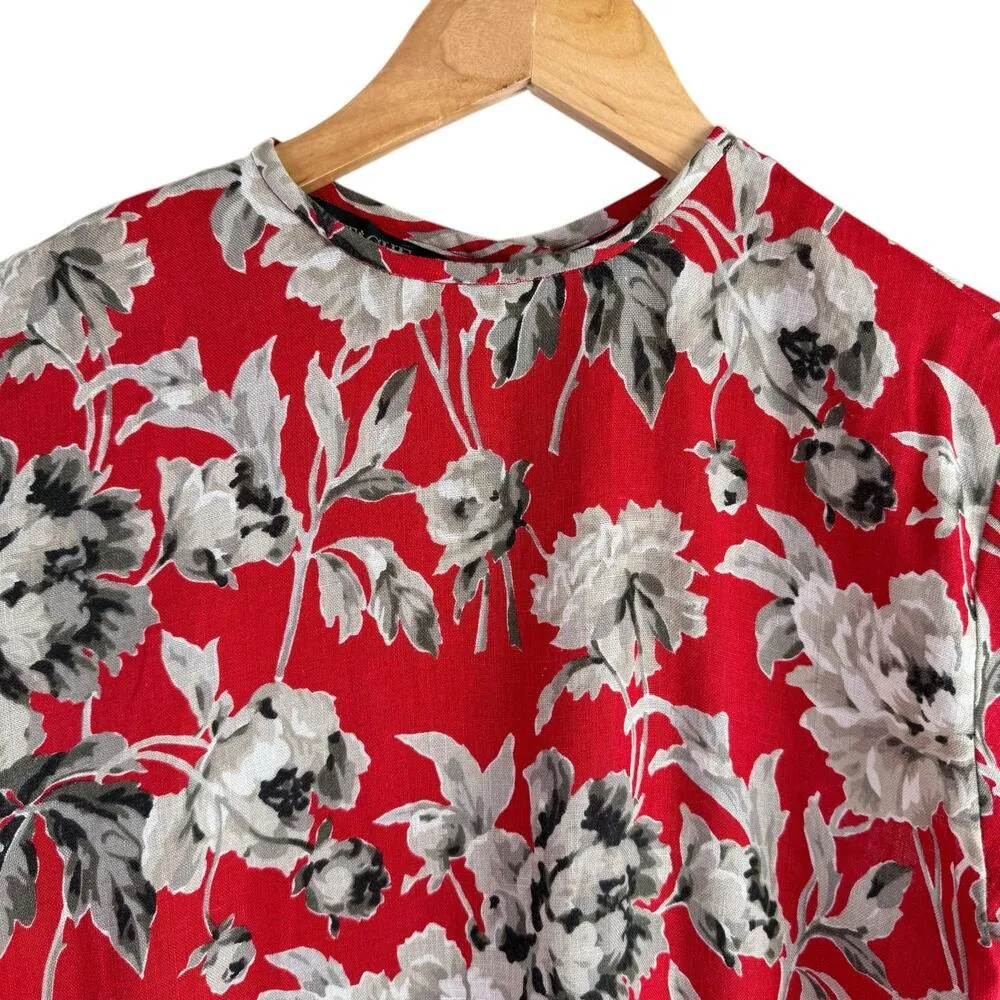 Vintage 80s Attaché Herman Geist Linen Red Floral Blouse Button Back Crewneck, 8 - Image 2