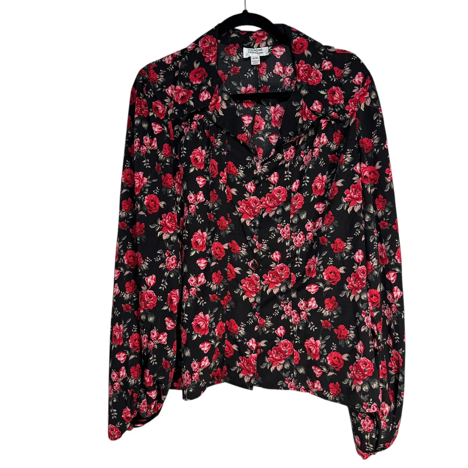 Unique Vintage Black Red Rose Floral Print Long Sleeve Collared Button Shirt XL - Image 6