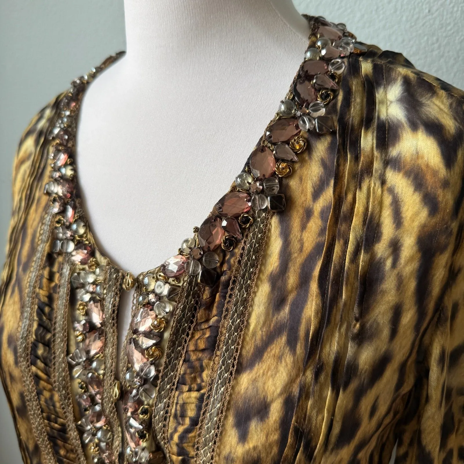 Oscar de la Renta Animal Print Silk Chiffon Blouse Jewels - Image 2