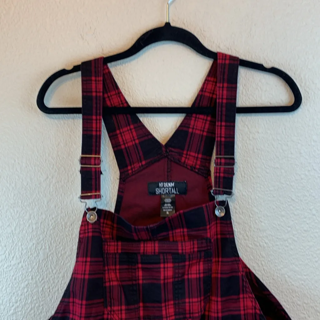 HT Denim Shortall sz XL buffalo plaid overall shorts festival summer casual goth Red - Image 3
