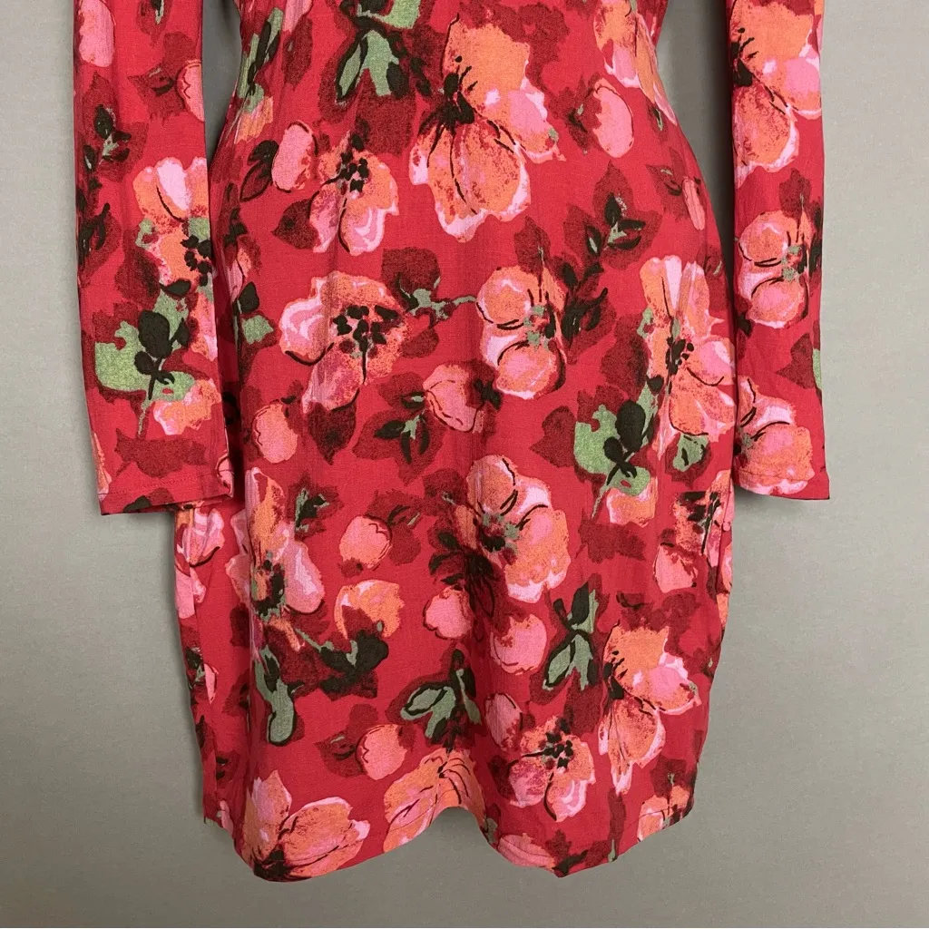 H&M Deep V Dress Floral Long Sleeves Sz XS Mini Red Pink Puff Shoulders Plunging - Image 7